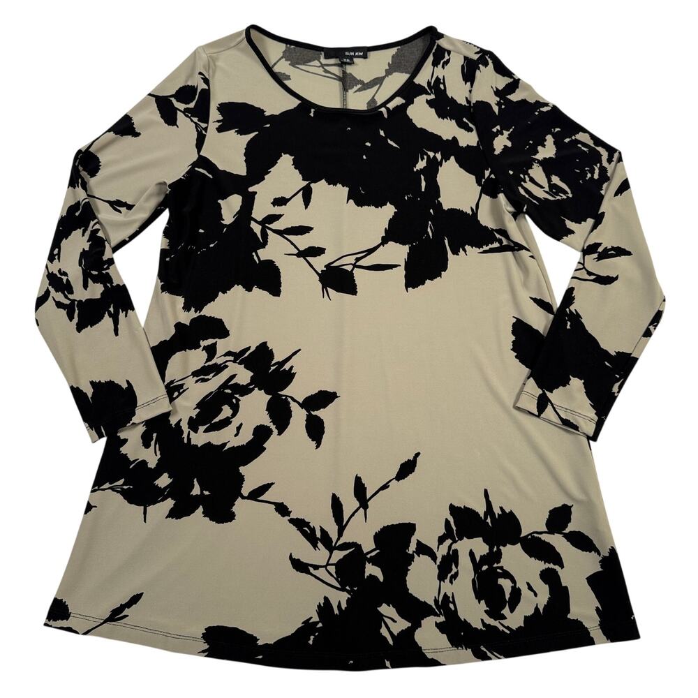 Sun Kim Tunic Top Womens XS Black Beige Floral Stretch Made USA
